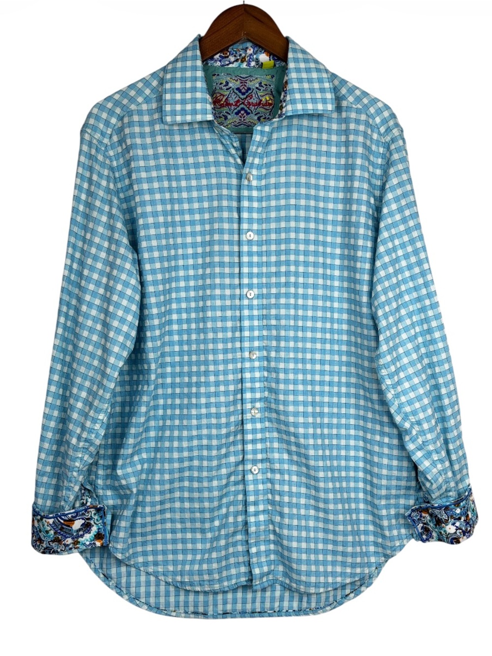 Robert Graham Gingham Pattern Paisley Flip Cuff Classic Fit  Dress Shirt L